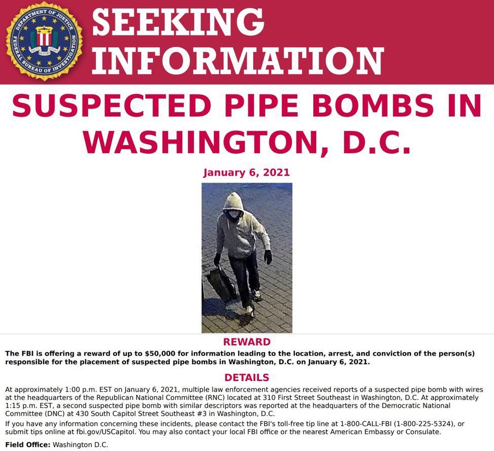 "FBI" الأمريكي .... 50 ألف دولار لمن يدلي بمعلومات حول مشتبه فيه زرع قنبلة أثناء تنصيب الرئيس الجديد