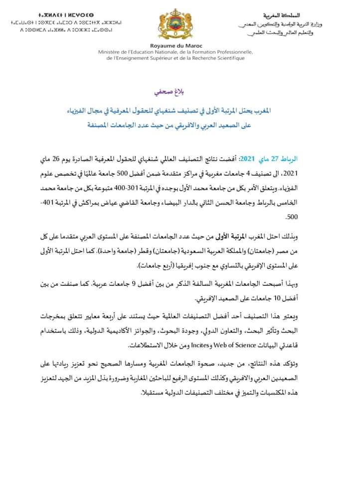 المغرب يحتل المركز الأول عربيا في هذا التصنيف العالمي من حيث الجامعات المصنفة